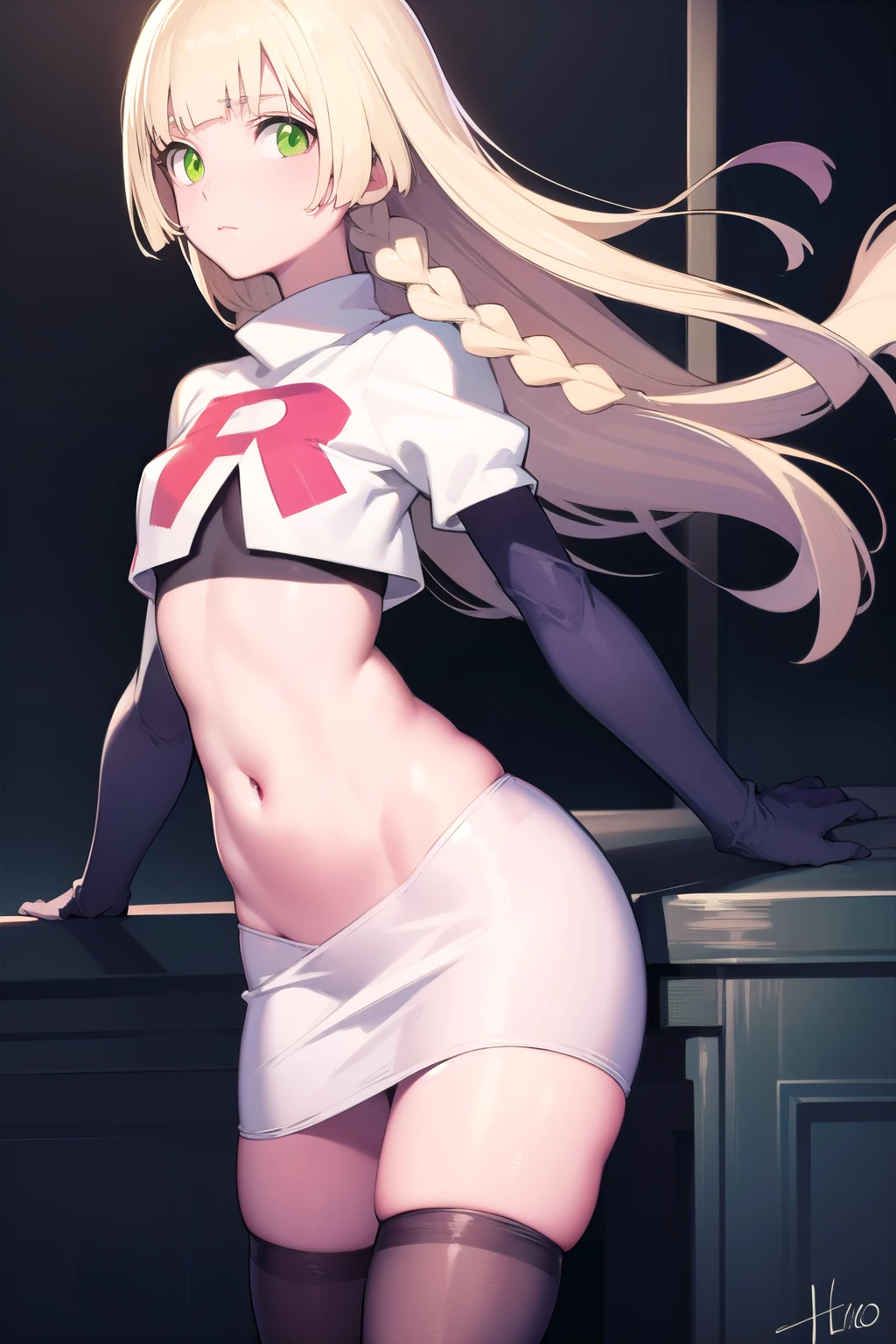 pokemonlilie, pokemonlilie, blonde hair, blunt bangs, (green eyes:1.5), long hair, (small breasts:1.2),
BREAK braid, twin braids, team rocket,team rocket uniform,white skirt,red letter R,crop top,black thigh-highs,black elbow gloves
BREAK looking at viewer,
BREAK (masterpiece:1.2), best quality, high resolution, unity 8k wallpaper, (illustration:0.8), (beautiful detailed eyes:1.6), extremely detailed face, perfect lighting, extremely detailed CG, (perfect hands, perfect anatomy),