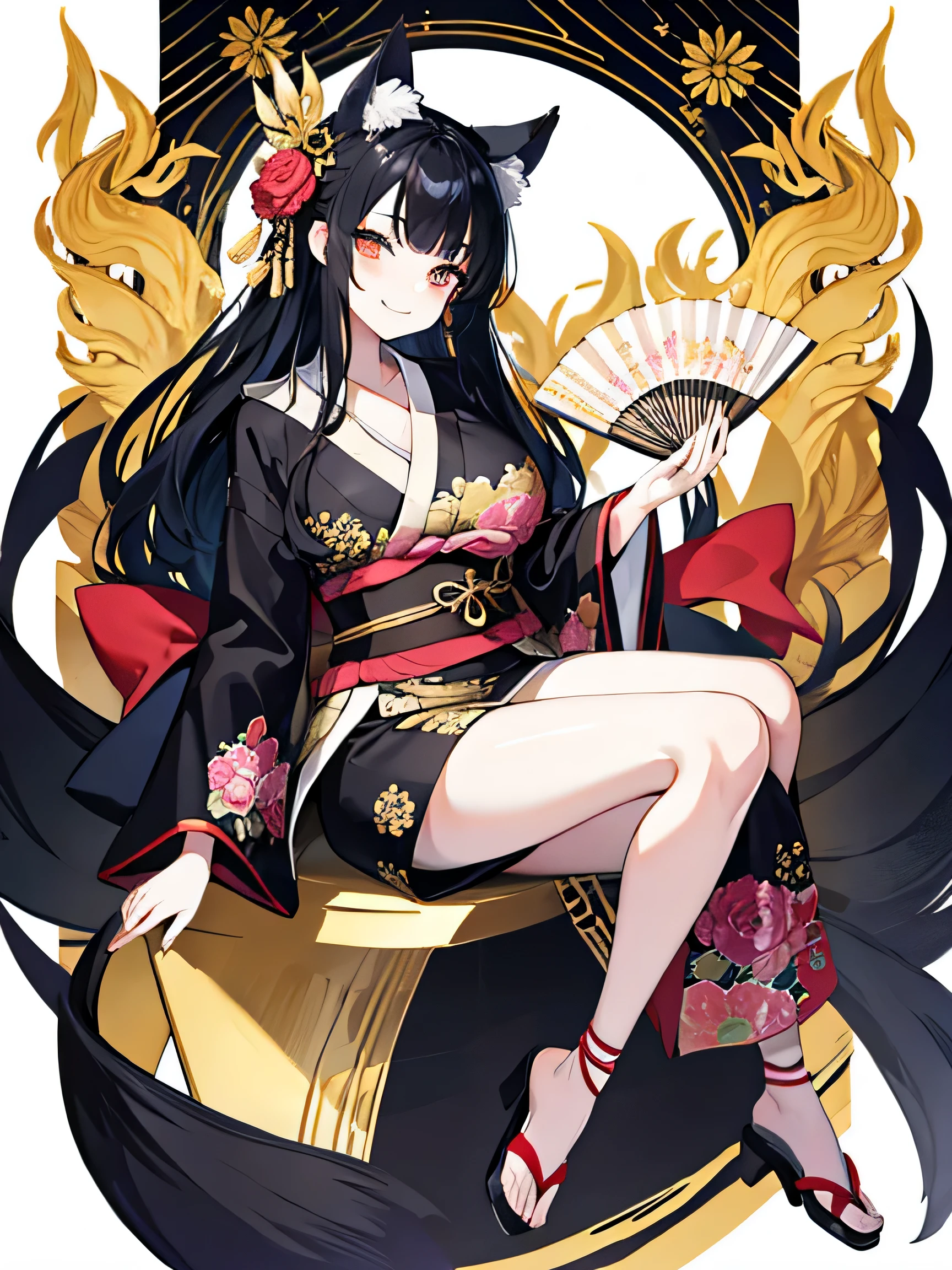 masterpiece,best quality,Beautiful detailed,flirtatious glance,grin smile,gold eyes,kemomimi,kimono outfit,black hair,big breast,pale white skin,full body,((extra huge opened holding_fan in hand,beautiful pattern holding_fan)),(black tails),