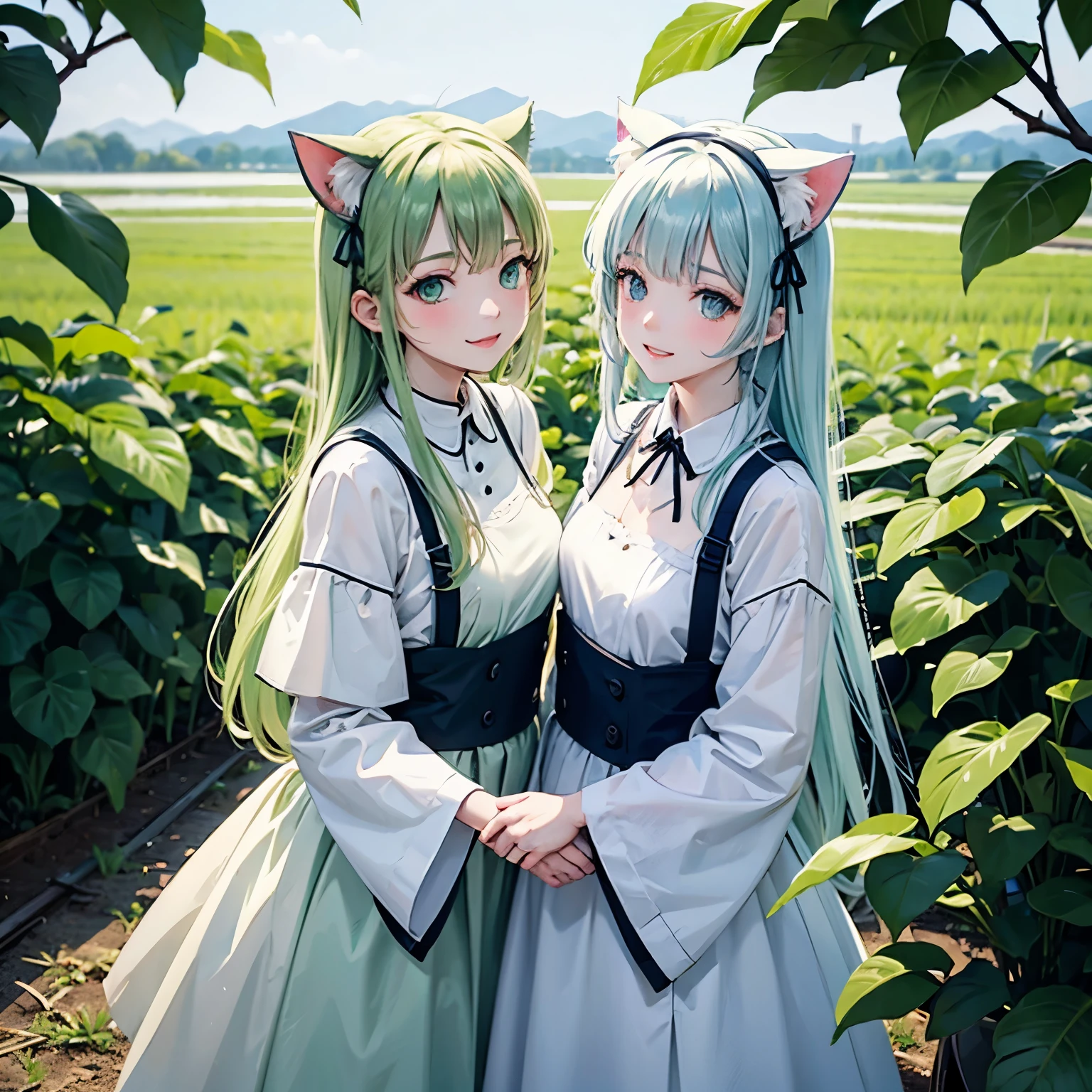 Cat ears with a pale green ribbon、Pale green hair、pale green eyes、Pale green clothes、smile、Planting rice、Have a seedling、Background rice fields