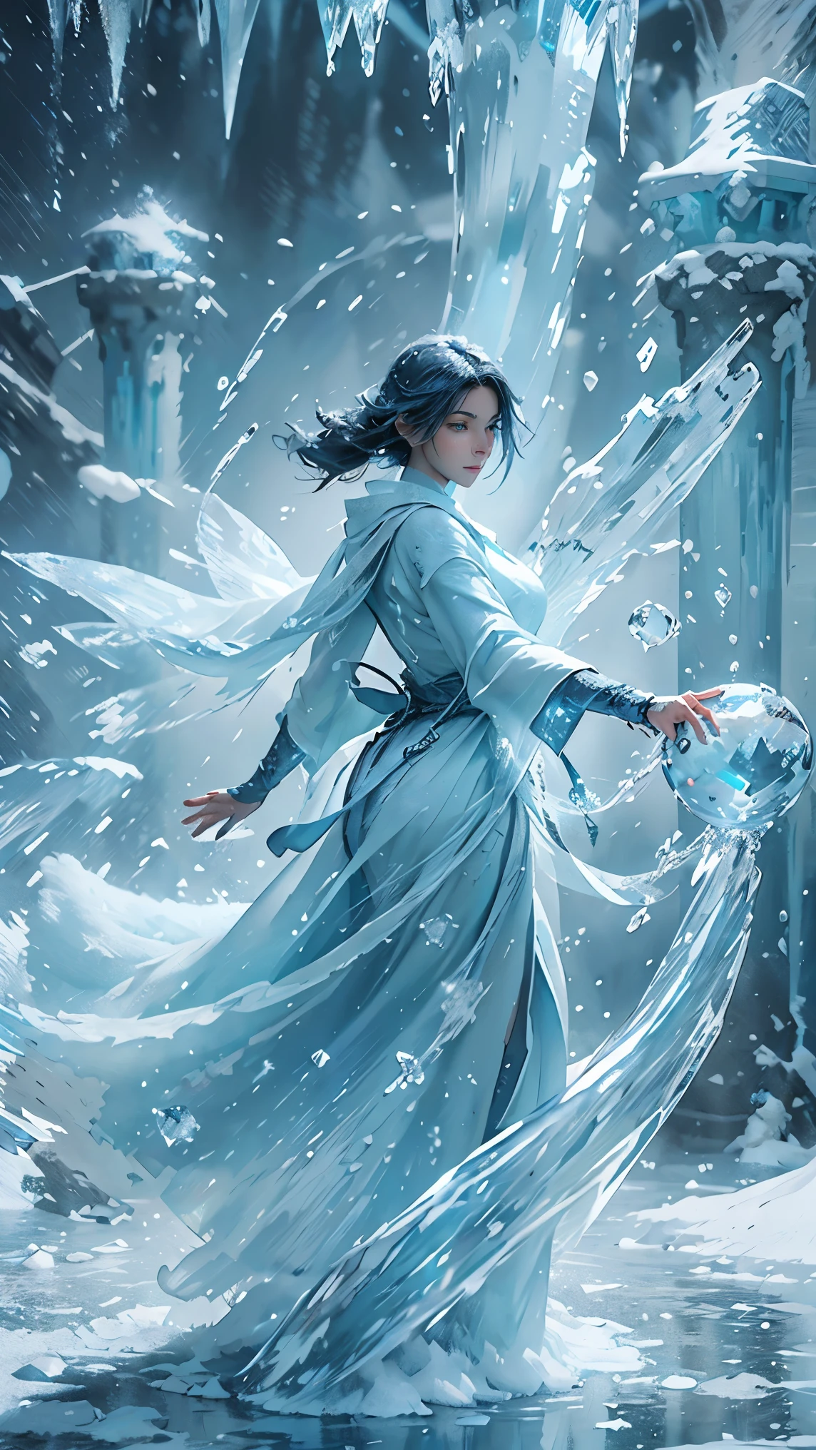 (((1 girl)))，medium breaqst, imperial water，magician，（loose dress：1.5），（perfect facial features：1.4），（blue silk robe），（Mysterious magic array：1.2），Blue glow，（Frost Wings），(((Powerful ice magic)))，(((icicle)))，Towering above the wind，Blue light cold light，(((Ice storms)))，wind，((Flying snow ice and snow))，Amazing results，,best quality,masterpiece,ultra high resolution,detailed,intricate details,8k resolution,8KUCG wallpaper,high dynamic range,Aqua blue,magic circle,Cinema-level lighting effects,chiaroscuro，Ray tracing、NVIDIA RTX
