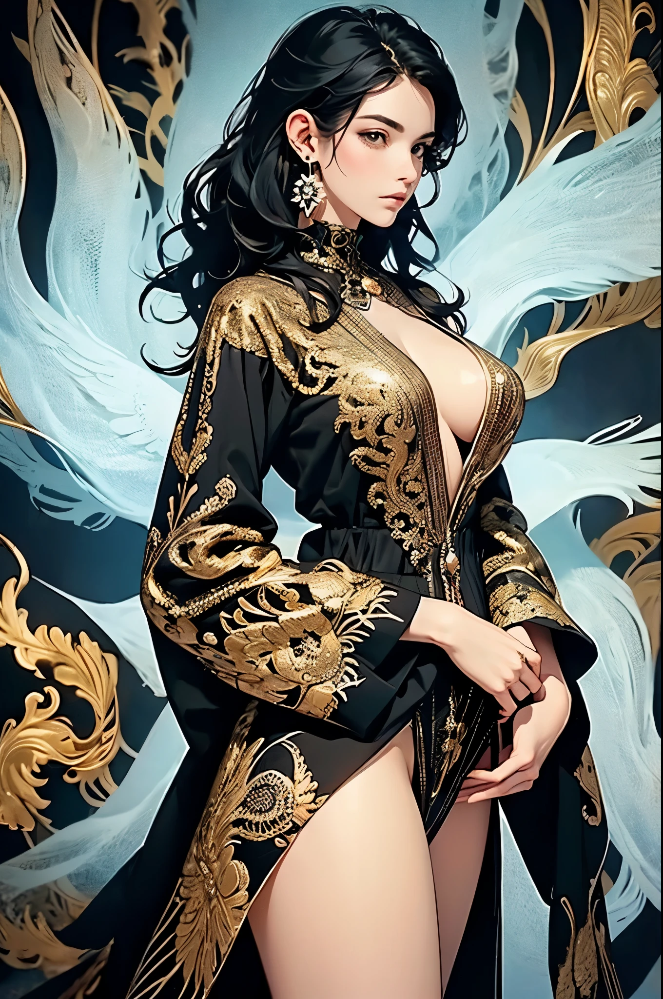 ((best quality)), ((masterpiece)), (detailed), detailed skin, Golden Eyes, Long black hair with thick waves, black silk dress, fluid dynamics, upper body nude, cowboy shot, full body image, big bust, pink nipples, brilliant golden halo, Her attire combines a rich palette of black and gold, Create a gorgeous and timeless look, Surround her with intricate fractal art patterns that come to life, adding a surreal and otherworldly dimension to her pLipsence, creative, tangled, get caught in, High_Lips, (fractal art:1.1), (black diamond), (black hair), highest detailed, (zentangle:1.2), (dynamic pose), (abstract background:1.3), (earrings:1.4), (Shiny white skin), tiffany blue, (Big breast), (better delicate eyes), (black dress)