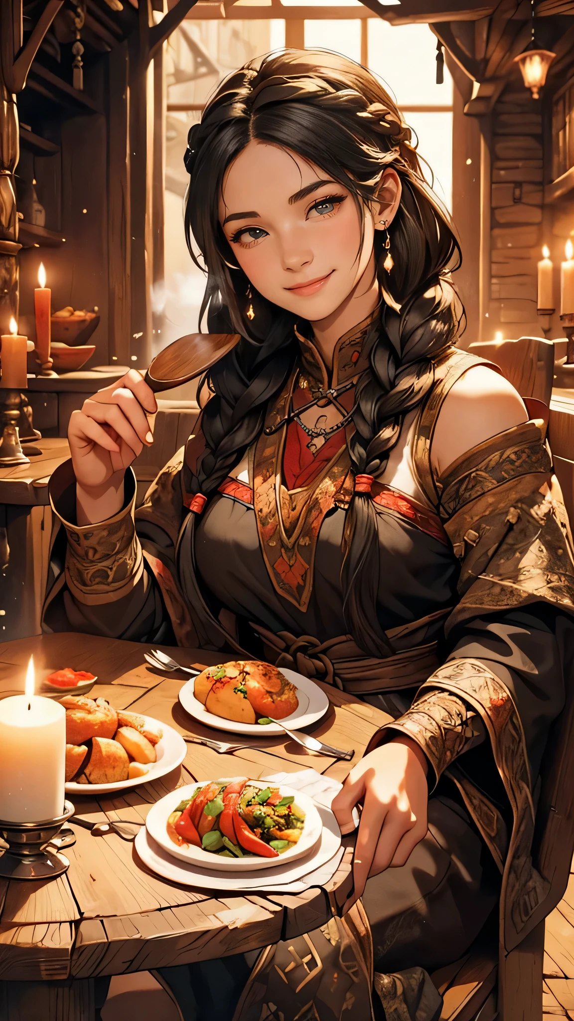 A detailed illustration of a young woman with intricate, long black braided hair, radiating warmth, sitting at a medieval-themed dining table, enjoying freshly cooked steaming food, rustic ambiance, wooden furniture, soft candlelight, intricate braids, expressive eyes, joyful smile, fantasy setting