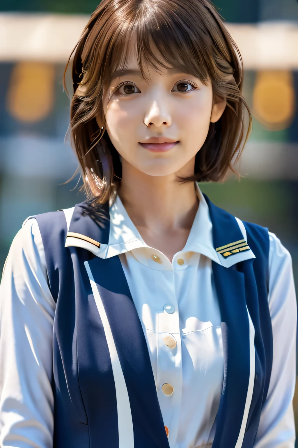 highest quality, Photorealistic, Very detailed, finely, High resolution, 8K Wallpaper, Professional, High level of detail, ((One 18 year old girl:1.2)), Slender Japanese women,cute lips, (Long eyelashes:1.2)、Detailed clavicle, Mid-chest、Perfect Face, (Cute short bob hair:1.5), Chestnut Hair、Cute face、(Female announcer at a TV station:1.5)、(Wearing a navy suit and white blouse during a live broadcast:1.5)、(Full body shot from the knees up looking straight ahead:1.5)
