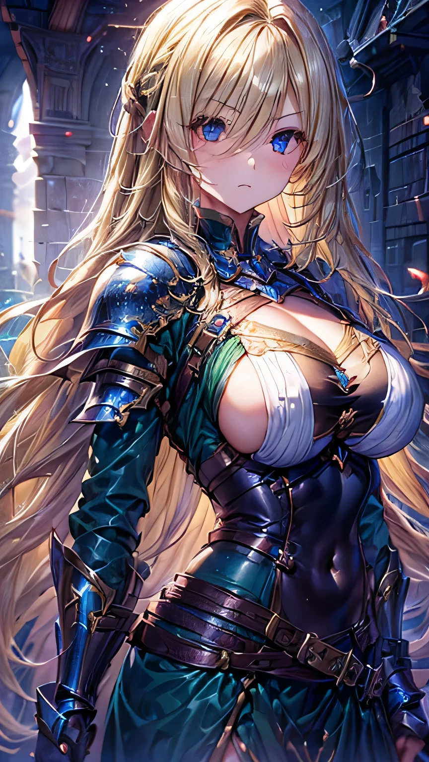 (girl knight)
(((Blonde long hair)))、Bangs with center parting、(Right eye is blue),(Left eye is green)、Big 、(Soft boobs)、