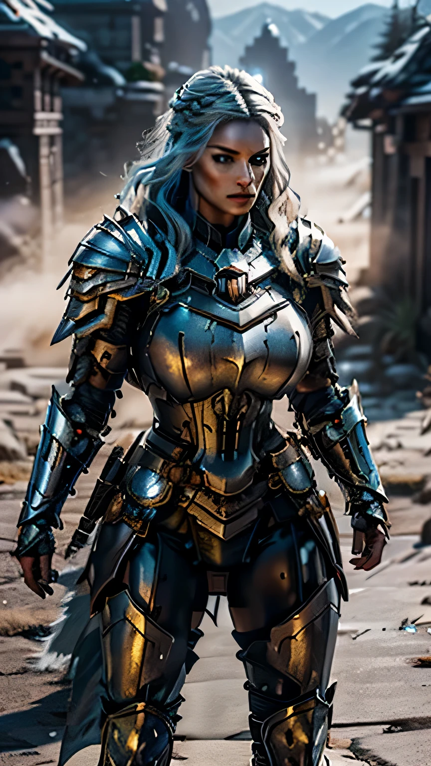 8K,asgard female warrior with very big breasts,Super beautiful(like the real thing),black very large chest armor,realistic skin,luxury black pants,Has a large, long black spear,sexy,muscular slim body,ripped abs,black shoulder armor,black waist armor,black leg armor,desert, rich colors, Backlight, cinematic lighting, film grain, RAW, 50mm lens,nikon D850,ultra high resolution,Super realistic,goddess,battle scene,action scene,action pose,shine a light on the face, long wavy blue hair, the Witcher, the Witcher armor, yennefer