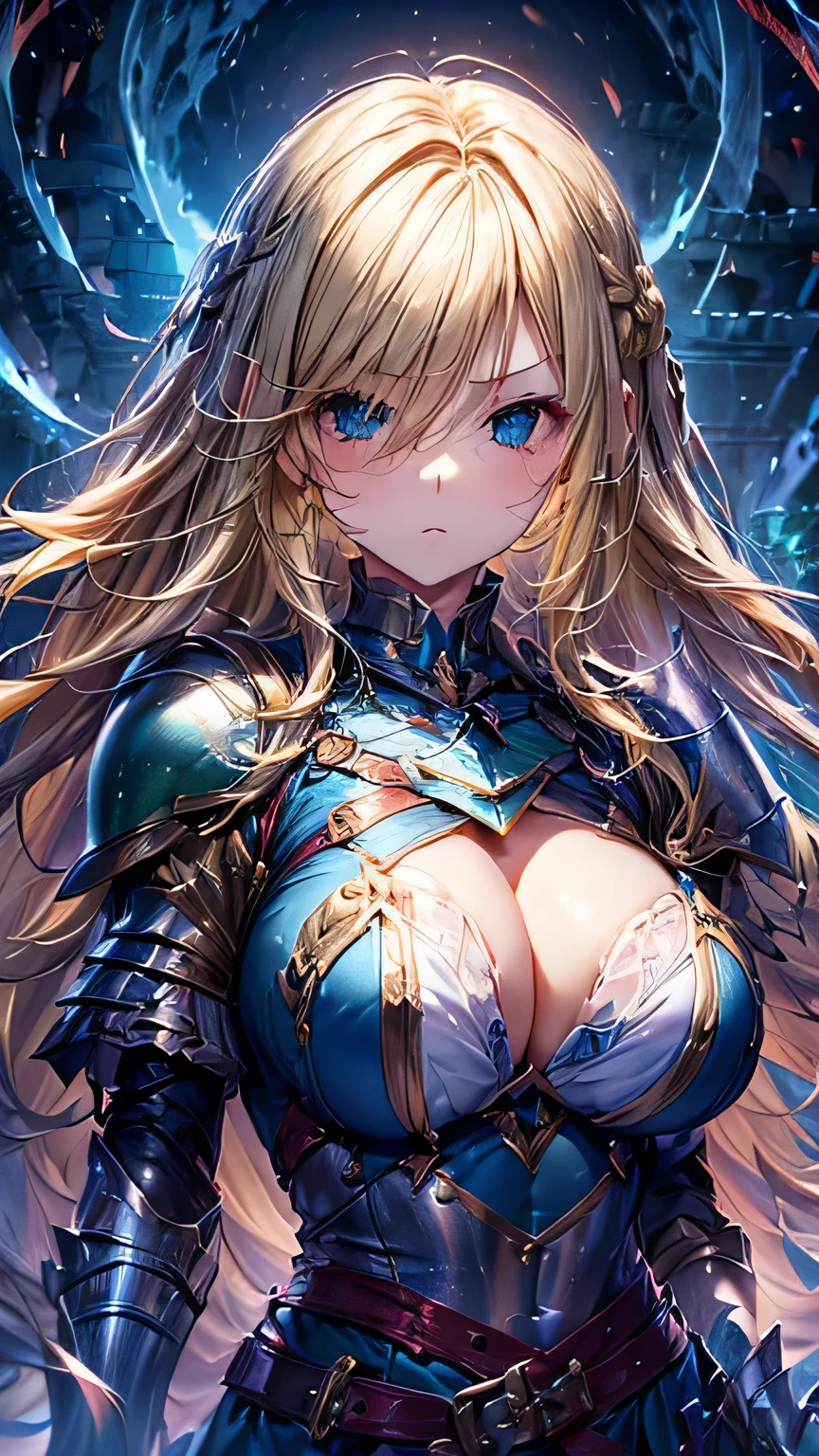 (girl knight)
(((Blonde long hair)))、Bangs with center parting、(Right eye is blue),(Left eye is green)、Big 、(Soft boobs)、