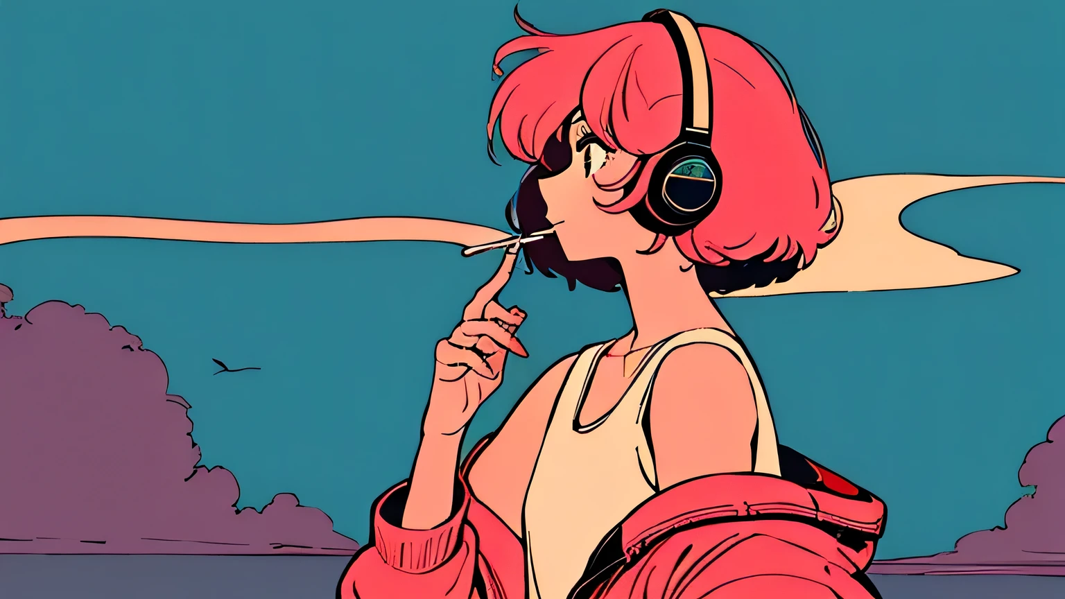shoulder length pink Hair, fluffy bob cut, wearing headphones, Futuristic yet lofi, retro, master piece, (( side shot)), There is a plane flying in the sky,  (( looking up )), ((Holding a cigarette)),((Smoke coming out of the cigarette, Chillout