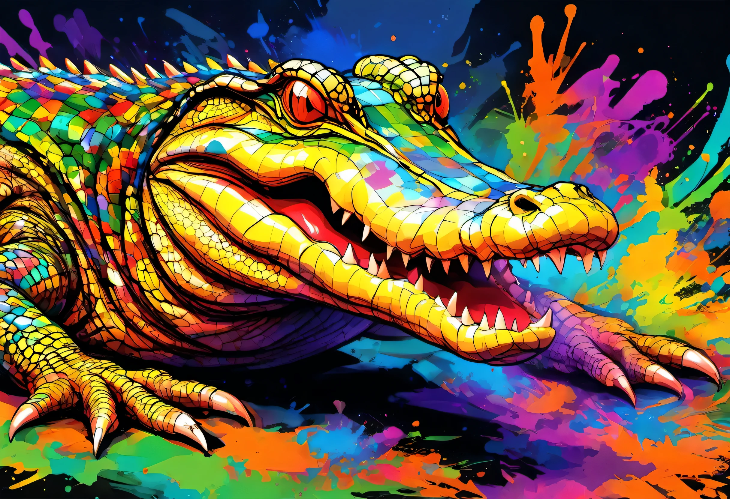 A biting American Alligator with colorful paint on its face and leaves, vector art:Zahari Zograf, Trending on Pexels, psychedelic art, Rich in color and detail, A complex and colorful masterpiece, art:Alessandro Pautasso, very complex and colorful, colorful hd images, A colorful and intricate masterpiece, High quality HD digital art, great digital art, very colorful