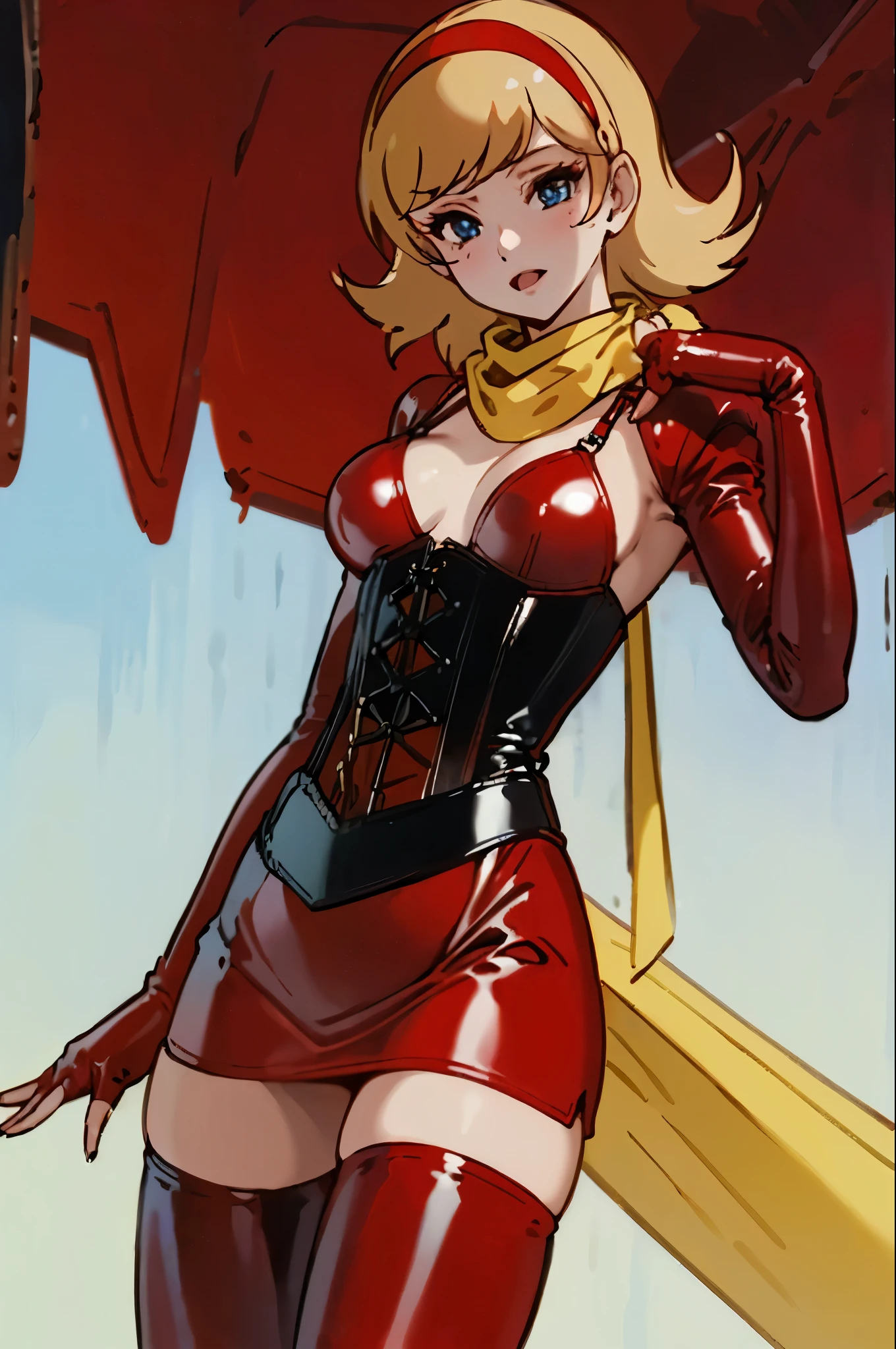 BDSM、Queen、mistress、One girl、solo、(((Red latex long gloves covering the fingertips)))、(((Red latex corset dress:1.4)))、(((The corset dress is decorated with beautiful lace.)))、(((corset dress with shoulder straps)))、(((Red latex tight mini skirt:1.4)))、(((Yellow thigh-high boots)))、Stiletto heels、(Red latex panties)))、(((Red latex bra)))、(((Red leather collar)))、(((Sexy pose)))、Wide-open legs、(((Erotic)))、(((Cowboy Shot)))、masterpiece, highest quality, Outdoor,1 Girl,
Cyborg 003, blonde_hair,blue eyes,scarf
