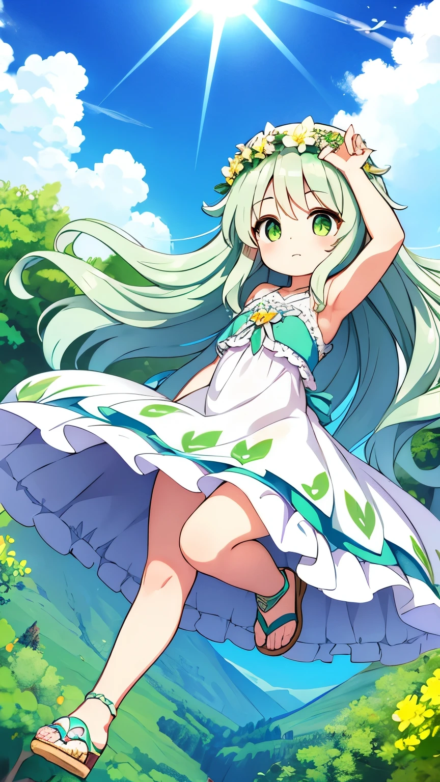 Girl Fairy,Silver wavy hair,Super Long Hair,Wearing a flower crown,Yellow-green eyes,Light clothing,Flying in the sky,Sandals for your feet