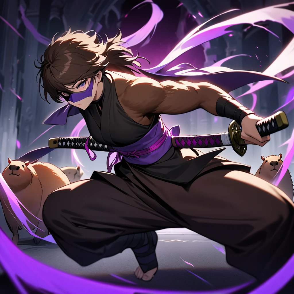 (best quality, highres, ultra-detailed), capybara, age humanoid, sexy ninja assassin, violet flowing ribbon mask, violet sash, short coarse brown fur, weapons, stealthy, agile, confident, martial arts, katana, throwing stars, nimble movements, lurking in shadows, moonlit night, mysterious atmosphere, intense focus, powerful strikes, deadly precision, acrobatic flips, cunning strategy, silent footsteps, elegant poses, determined expression, contrasting colors, dynamic composition, dramatic lighting, intense colors, vibrant hues, captivating artwork