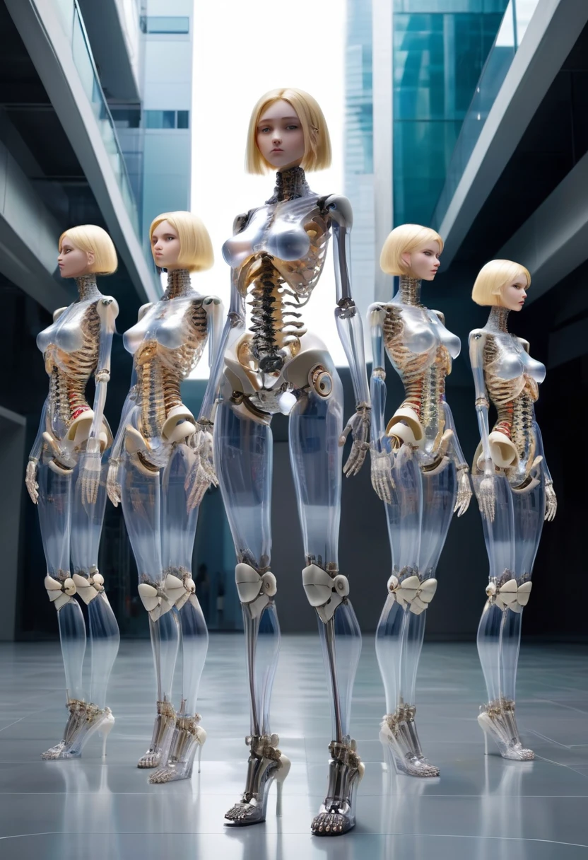 Multiple translucent, mysterious mechanical girls,
Whole-body mechanics,
All of them are beautiful human female faces with perfect faces.,
All blondes,
Everyone has a different hairstyle,
Everyone is a machine except for their faces.,
All of them have mysterious mechanical bodies that are translucent except for their faces.,
Everyone from the neck down has a different colored internal skeleton,
All of them have different colored exoskeletons from the neck down,
Everyone has different breast sizes,
All facing forward,
All are mechanical joint girls,
Full Body Shot,
everyone is standing,
Everyone is showing each other their bodies,
smile,
Embarrassing,
Futuristic city background,
Group Selfie
