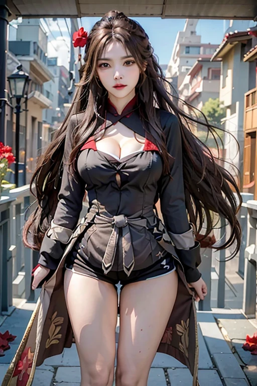 Reality, high resolution, 1 girl, Hips up, long hair, beautiful eyes,have_flower, top have, Brown_hair, closure_Mouth, Hibiscus, Red_Rose, _lily, Bangs, Brown dress coat, (Huge sagging breasts、Cleavage,))，cleveage、, Thick thighs,Button coat, shorts, Thick thighs, Hu Tao \(Genshin Impact\