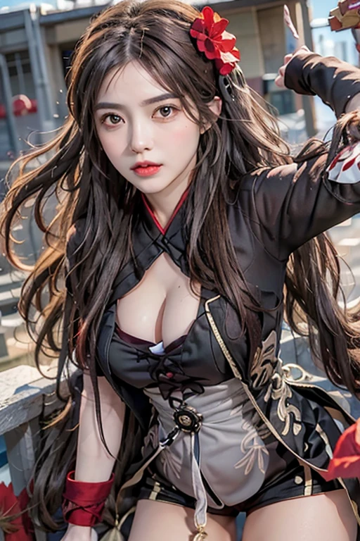 Reality, high resolution, 1 girl, Hips up, long hair, beautiful eyes,have_flower, top have, Brown_hair, closure_Mouth, Hibiscus, Red_Rose, _lily, Bangs, Brown dress coat, (Huge sagging breasts、Cleavage,))，cleveage、, Thick thighs,Button coat, shorts, Thick thighs, Hu Tao \(Genshin Impact\