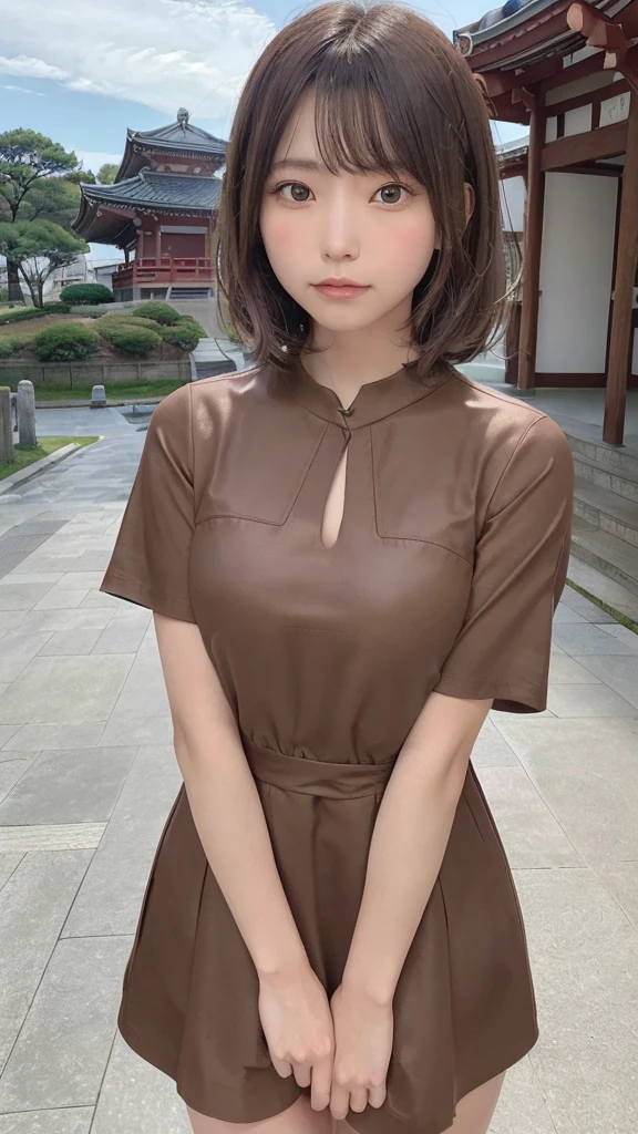 (8k, RAW Photo, Best Quality, Masterpiece: 1.3), breakone girl, (a beauty girl, delicate girl:1.3), (21 years old:1.5), break, (Brown short sleeve dress:1.5), break, Extremely fine grain definition, (Symmetrical eyes:1.3), break, Small breasts, Brown eyes, Parted bangs, Brown Hair, girl, break, (Eye and facial details:1.3),break,Smiling face,With Hasedera Temple in the background,With Hasedera Temple in the background,With Hasedera Temple in the background,With Hasedera Temple in the background