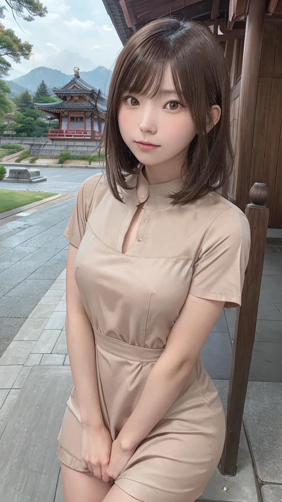 (8k, RAW Photo, Best Quality, Masterpiece: 1.3), breakone girl, (a beauty girl, delicate girl:1.3), (21 years old:1.5), break, (Brown short sleeve dress:1.5), break, Extremely fine grain definition, (Symmetrical eyes:1.3), break, Small breasts, Brown eyes, Parted bangs, Brown Hair, girl, break, (Eye and facial details:1.3),break,Smiling face,With Hasedera Temple in the background,With Hasedera Temple in the background,With Hasedera Temple in the background,With Hasedera Temple in the background