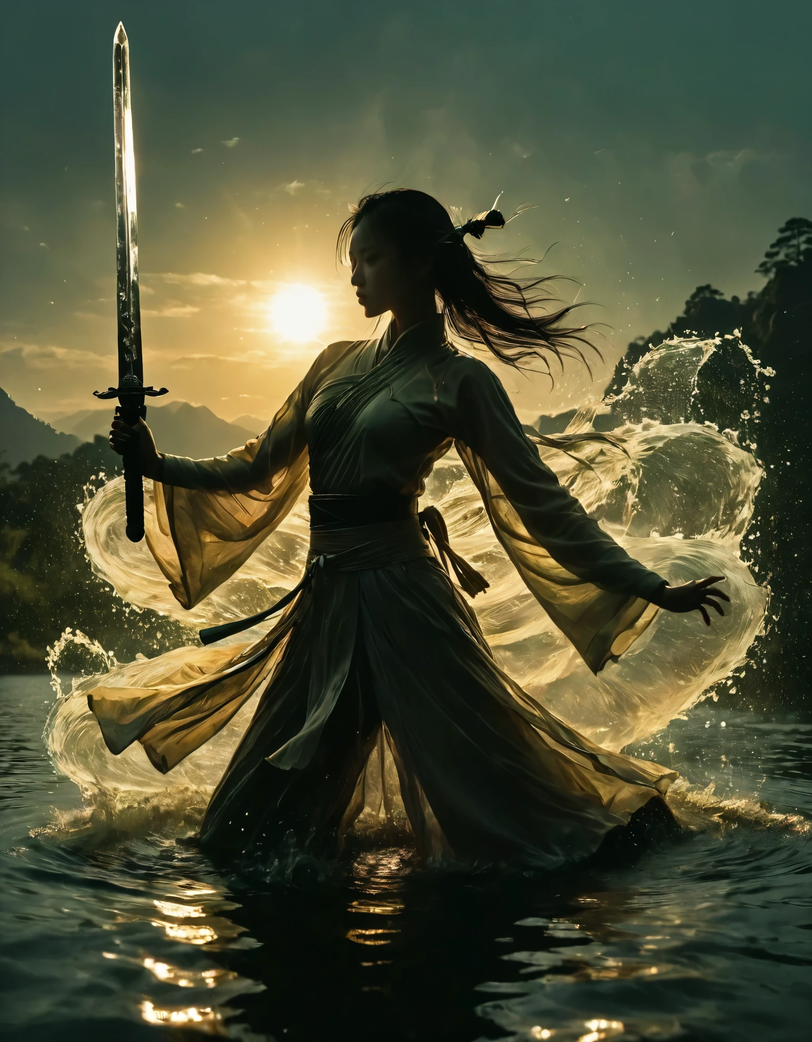 (Heroine dancing sword silhouette:1.5),Anatomically correct,Glowing sword,(Fighting posture),Hold the hilt of a sword in your hand,1sword,solo,on the lake,high contrast, movie lighting, Enigmatic Atmosphere,,lotus flower,Lotus leaf,corrugation,(Splashing water;1.4),a moon,Motion Blur,swordsman,Kungfu,Black silhouette,Jade sword blade,