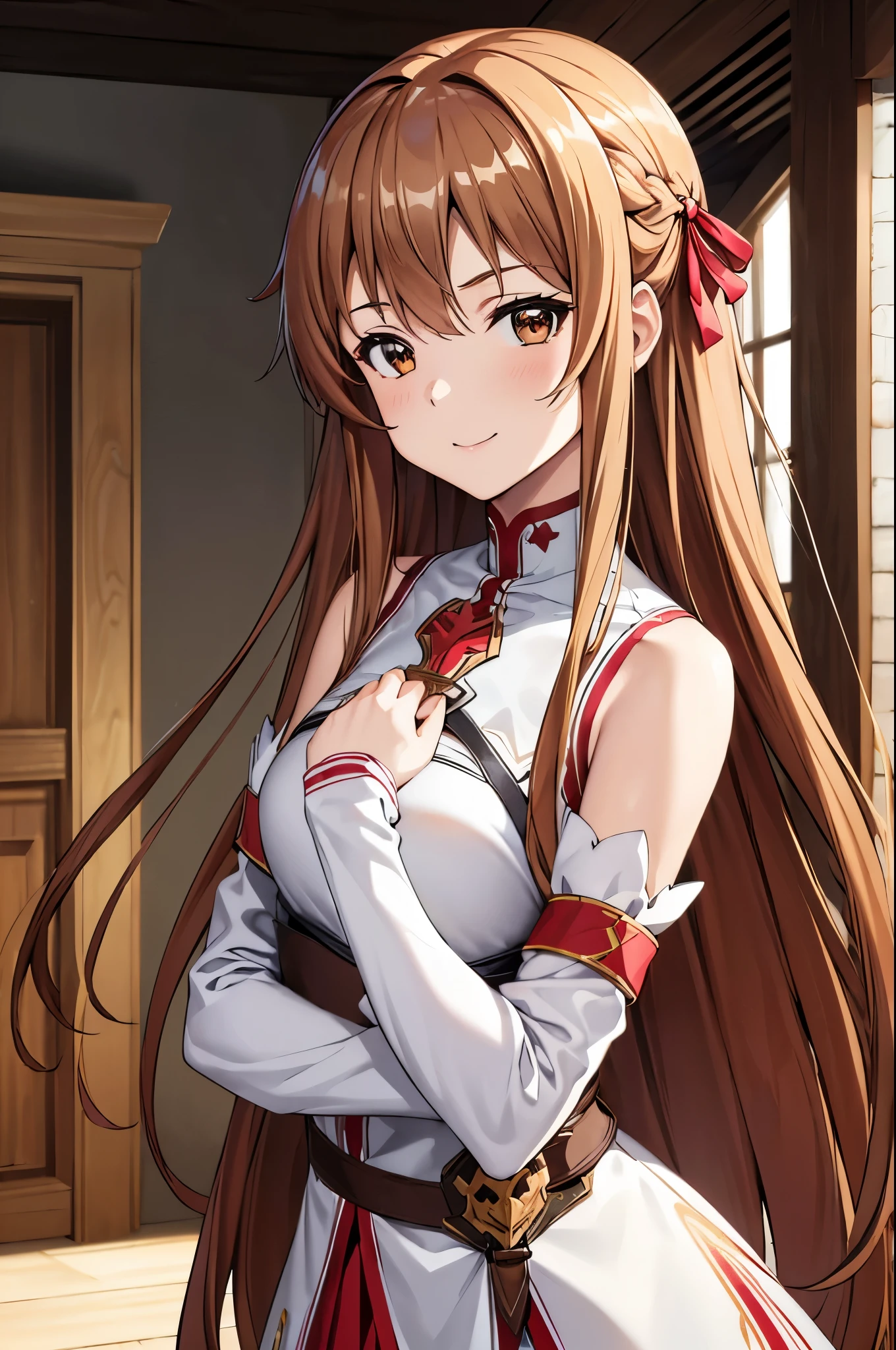 best quality, masterpiece, portrait, 1girl, yuuki asuna, brown hair, brown eyes, medium breasts, long hair, braid, kotbo, white gloves, white uniform, white boots, red skirt, red straps, looking at viewer, indoors, smile,