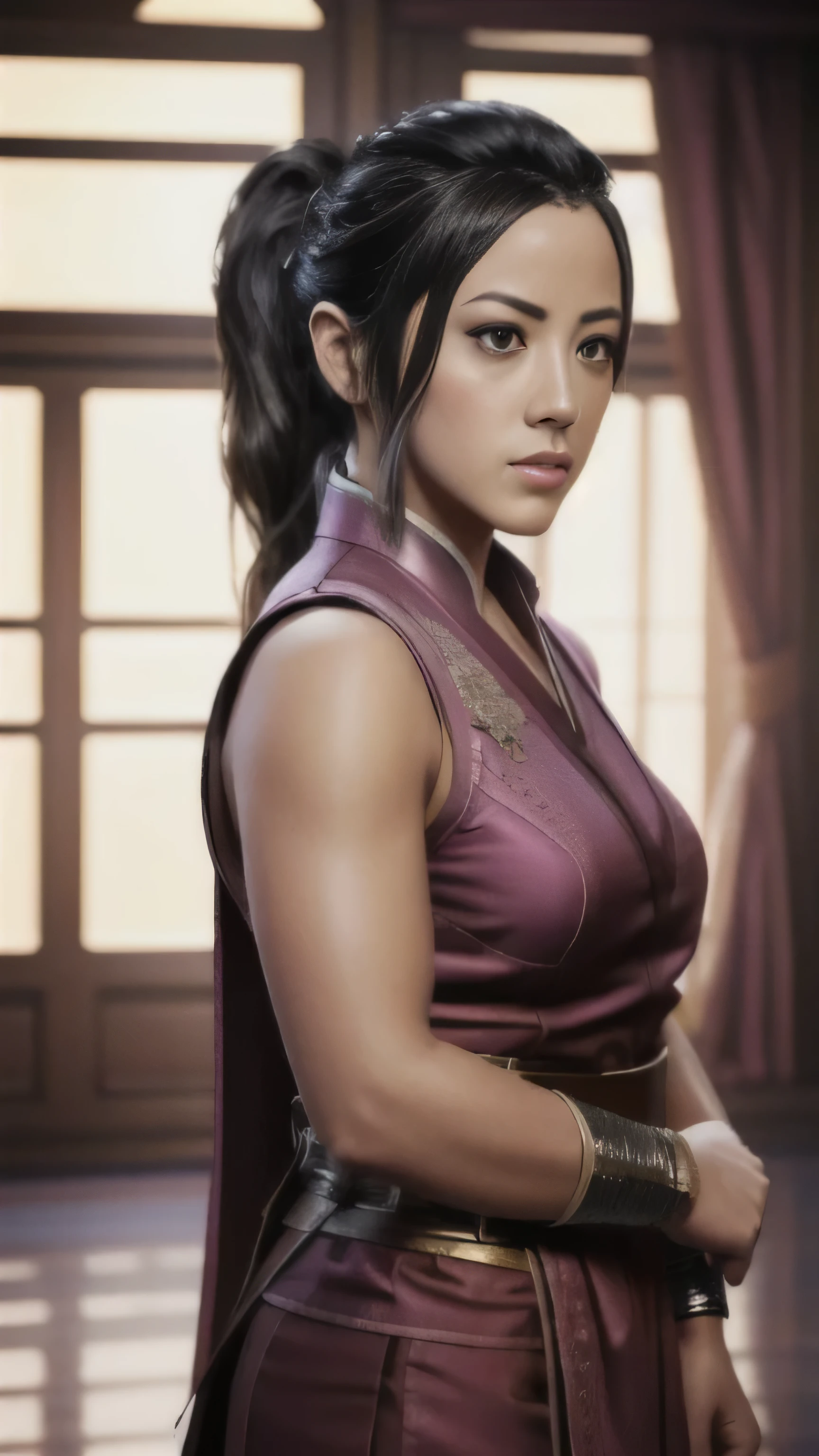 ((Chloe Bennet)) as Li Mei from Mortal Kombat, form-fitting light pink ninja outfit, sash, wrist guards, intricate Chinese culture patterns, hair tied back in a ponytail braid, hair ribbons, 1woman, solo, full body view, ((front view)), intricate, high detail, sharp focus, dramatic, photorealistic painting art by greg rutkowski