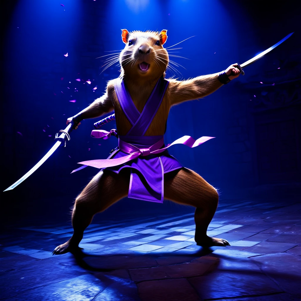 (best quality, highres, ultra-detailed), capybara, teenage humanoid, sexy ninja assassin, violet flowing ribbon mask, violet sash, short coarse brown fur, weapons, stealthy, agile, confident, martial arts, katana, throwing stars, nimble movements, lurking in shadows, moonlit night, mysterious atmosphere, intense focus, powerful strikes, deadly precision, acrobatic flips, cunning strategy, silent footsteps, elegant poses, determined expression, contrasting colors, dynamic composition, dramatic lighting, intense colors, vibrant hues, captivating artwork