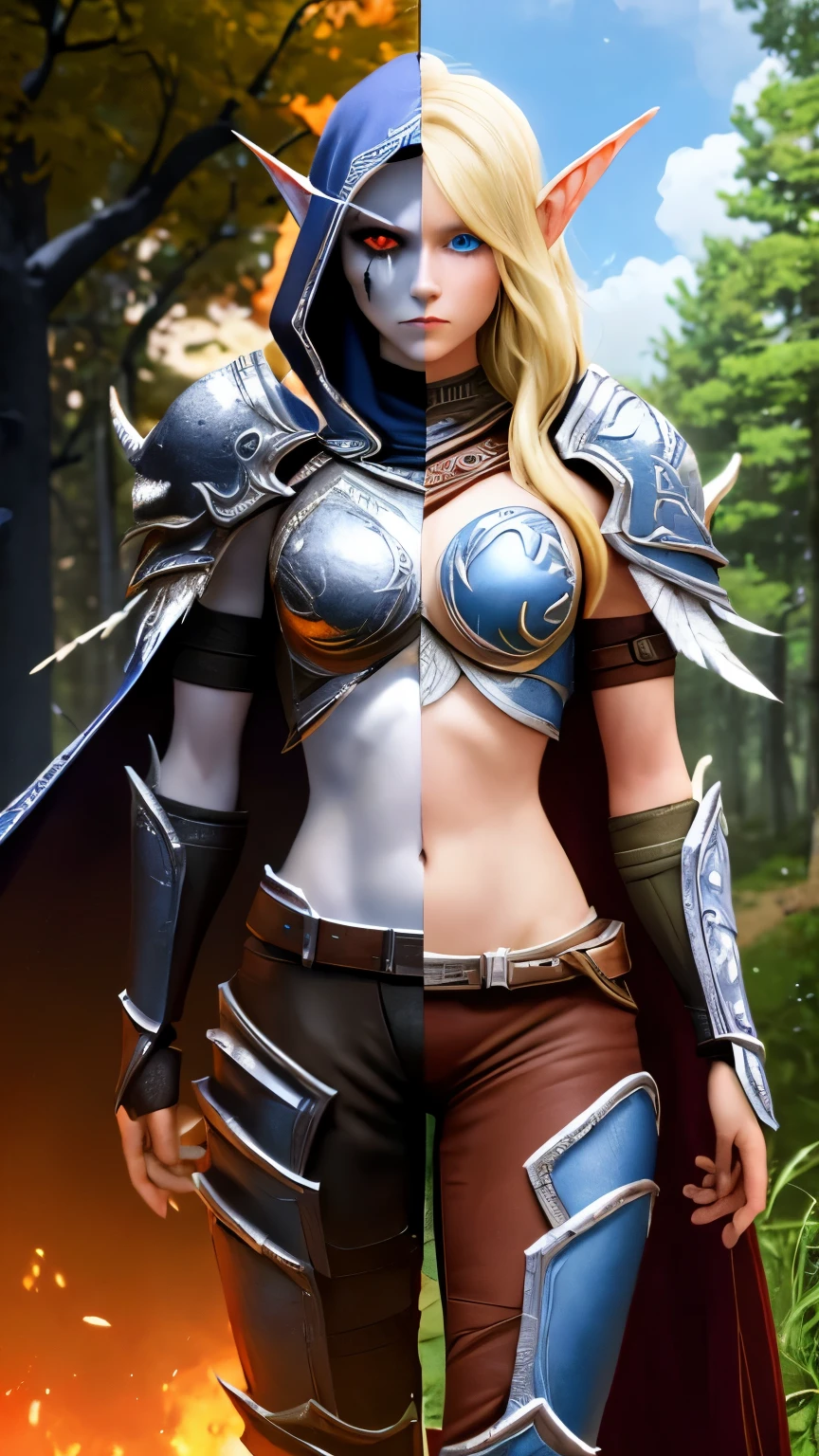 (Highly quality, highly resolutions, highly detailed, masterpiece) Dead forest background, SplitScreen, split screen, 1girl, pointy ears, long hair, hood, breastplate, pauldrons with white skulls, gloves, grey skin, red eyes, armor, cape, pants, white hair, midriff, glowing eyes, black tears, undead , Hood off