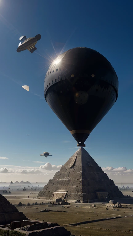 there is a large black object flying over a pyramid, floating metallic objects, airship, floating objects, anish kapoor black, rising in the air levitatingh, levitating agricultural sphere, blimp, hot air refraction, inspired by David Roberts, inspired by Anton Solomoukha, objects levitating, giant airships in the sky, of a ufo propulsion system