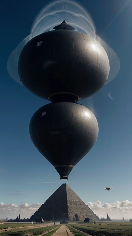 there is a large black object flying over a pyramid, floating metallic objects, airship, floating objects, anish kapoor black, rising in the air levitatingh, levitating agricultural sphere, blimp, hot air refraction, inspired by David Roberts, inspired by Anton Solomoukha, objects levitating, giant airships in the sky, of a ufo propulsion system