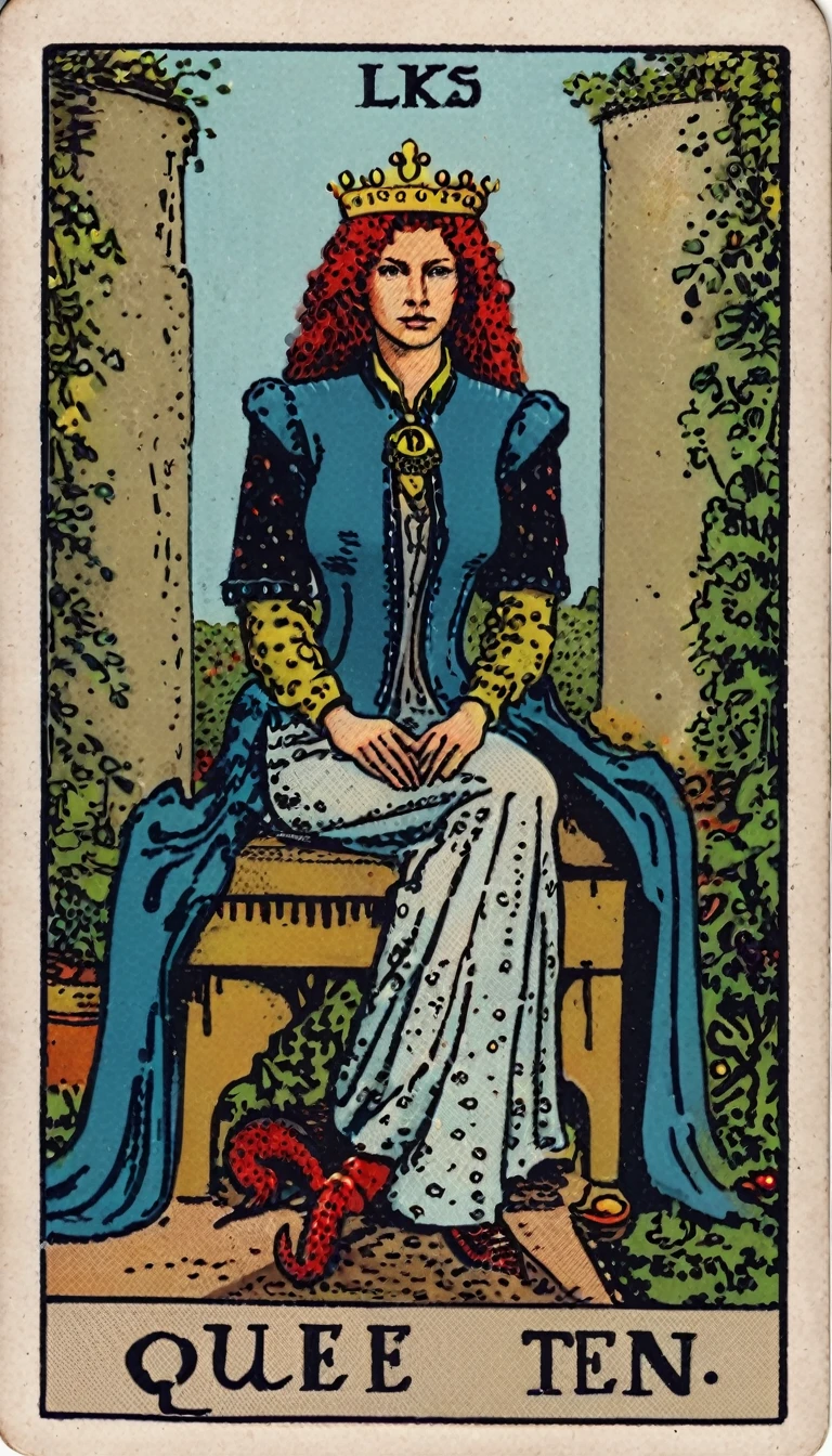 SWholo sitting in the garden, "Queen" article,  Redhead,  (Spicy Tail:1.2), Blue jacket outfit, lks73zb1, Tarot Card Style ,  