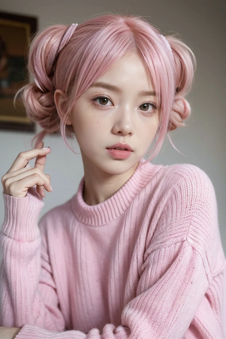 (masterpiece, best quality, 8k, RAW photo, beautiful and aesthetic:1.2),complex detail,ultra-detailed,(realistic skin), (((full body is in the frame))),Close-up of a person with pink hair and a pink sweater, 短いPink Hairpretty girl, Short hair, pretty girl, Cute Hairstyles, Pink pigtails and cyan eyes, Cute Hairstyles, (Pink), Pink Hair, Ulzzang, Girl cute beautiful face, Pink Straight Hair, Chiho, Pink Pastel