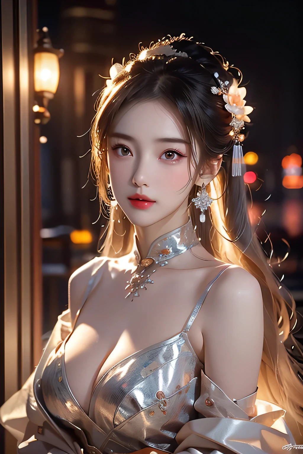 High-quality work,Realistic works,Super premium graphics,8K HD CG works,high quality graphics,High-definition and exquisite CG works,10x pixels,Ultra-fine details:1.1,Advanced technical details:1.1Realistic photo effects,Interior lighting effects:1.5,natural soft light:1.5. Light effect(Virtual light effects:1.8),ultra high resolution,shining dress,sliver long hair,silber hair,transparenthair,high detailed hair(Quality hair details:1.1)Clear eyes,Double eyelids look good,Sharp eye makeup, Create exquisite eyelash makeup, tthin eyebrows, Ultra-detailed eyes,a tall nose, lovely red lips, rosey cheeks, With delicate makeup on her face , pretty face, The face shape is perfectly proportioned,(Advanced facial details:1.1)1 girl, Chinese_clothes, liquid silver and orange, cyberhan, cheongsam, cyberpunk city, dynamic pose, detailed luminous headphones, glowing hair accessories, long hair, glowing earrings, glowing necklace, cyberpunk, high-tech city, full of mechanical and futuristic elements, futuristic, technology, glowing neon, orange, orange light, transparent tulle, transparent streamers, laser, digital background urban sky, big moon, with vehicles, best quality, masterpiece, 8K, character edge light, Super high detail, high quality, the most beautiful woman in human beings, micro smile, face facing front and left and right symmetry, ear decoration, beautiful pupils, light effects, visual data, silver white hair, super detail facial texture,Women's artwork,Dress full body video,Realism,Amazing Cleavage,My eyes are very bright today