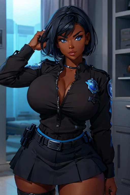 30 year old dark skin woman with short indigo hair dressed in a skimpy black police officer uniform with skirt, wearing a pistol on her belt. Blue eyes with eye liner. Big breasts, curvy hips Neutral background