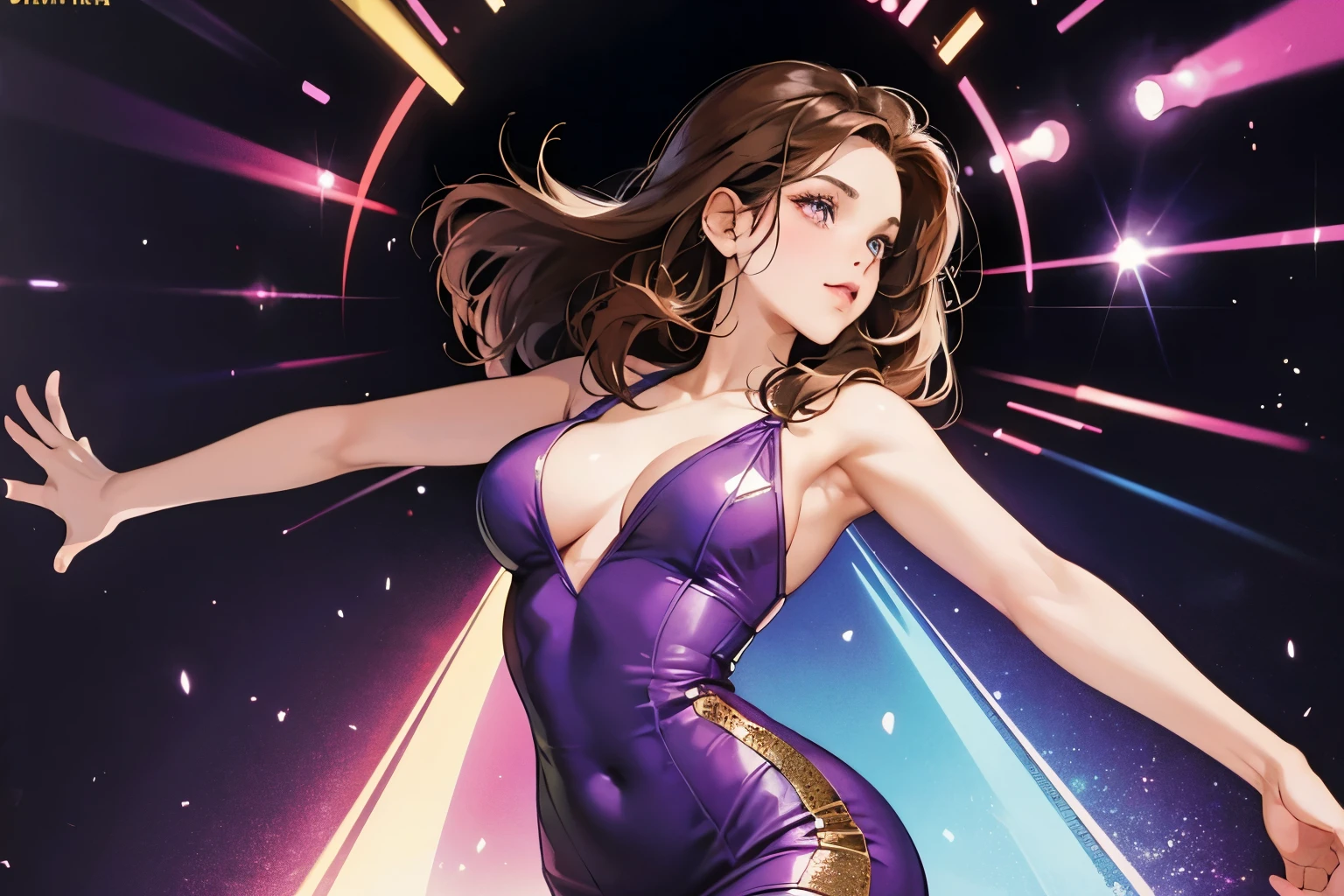 Beautiful woman、brown hair,disco at night,look at viewer,1980,Showa,1980's provoke style,dancing pose,purple Bodycon dress,