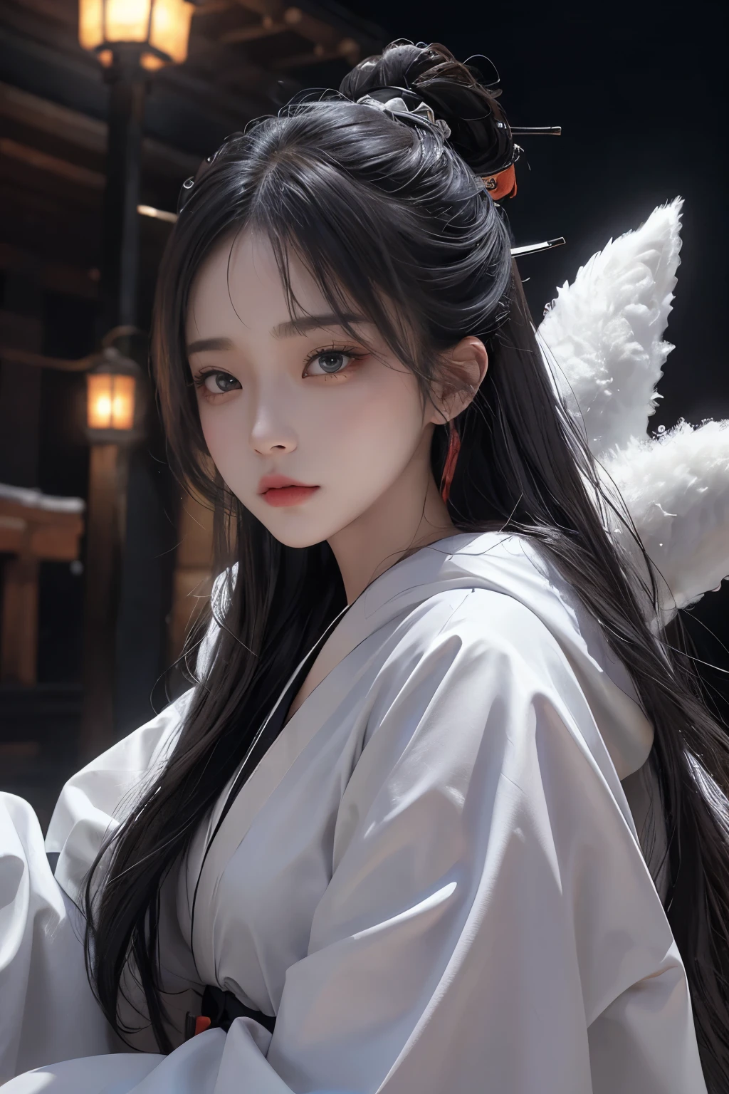 clothes only have white and black colour, samurai kimono, empty hand, white lotus,( cry), a character portrait, fantasy art, background a winter japan mountain shrine, cyberpunk a maiden with fox ears and fox tails, dark white and bold red color, natural lighting, fighting pose,masterpiece, 1 beautiful girl, Detailed eye, Swollen eyes, top-quality, A high resolution, an Asian beauty, very extremely beautiful, Beautiful skins, A slender, Forward-facing body, (A hyper-realistic), (high resolution), (4K), (highly detailed),( Best Illustration), (beautifully detailed eyes), (ultra-detailed), Detailed face, Bright lighting, Professional Lighting, distance view, (Snow, winter:1.2), (lantern), ((samurai)),((long hair)),((cry)),((katana))