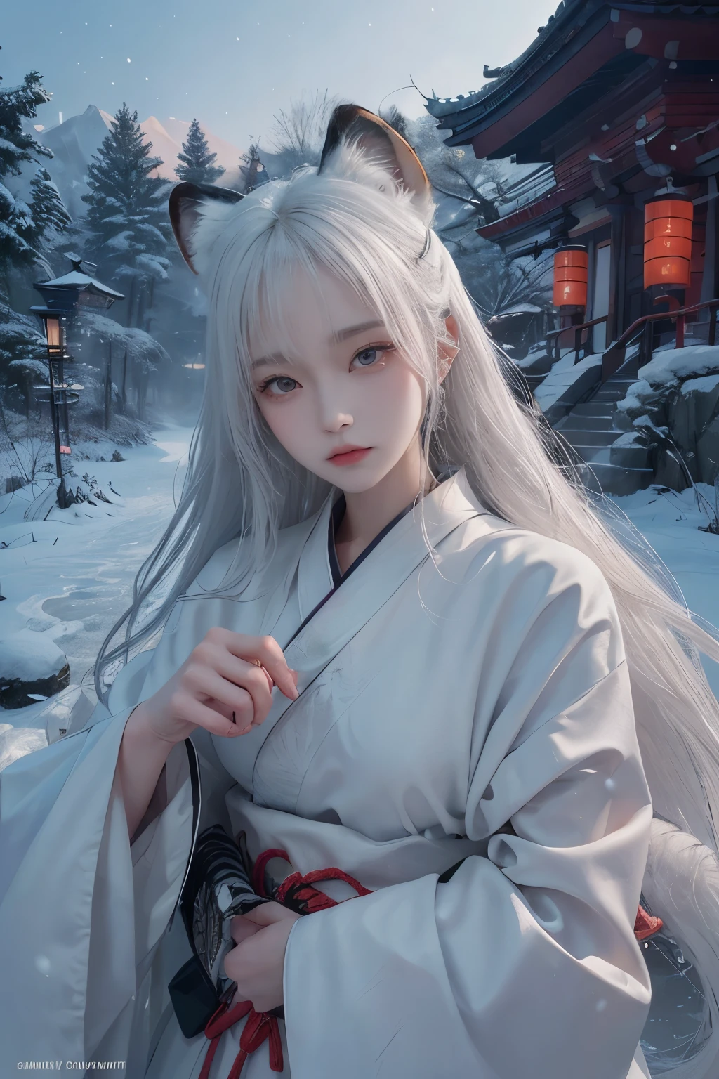clothes only have white and black colour, samurai kimono, empty hand, white lotus,( cry), a character portrait, fantasy art, background a winter japan mountain shrine, cyberpunk a maiden with fox ears and fox tails, dark white and bold red color, natural lighting, fighting pose,masterpiece, 1 beautiful girl, Detailed eye, Swollen eyes, top-quality, A high resolution, an Asian beauty, very extremely beautiful, Beautiful skins, A slender, Forward-facing body, (A hyper-realistic), (high resolution), (4K), (highly detailed),( Best Illustration), (beautifully detailed eyes), (ultra-detailed), Detailed face, Bright lighting, Professional Lighting, distance view, (Snow, winter:1.2), (lantern), ((samurai)),((long hair)),((cry)),((katana))