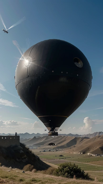 there is a large black object flying over a greatwall, floating metallic objects, airship, floating objects, anish kapoor black, rising in the air levitatingh, levitating agricultural sphere, blimp, hot air refraction, inspired by David Roberts, inspired by Anton Solomoukha, objects levitating, giant airships in the sky, of a ufo propulsion system