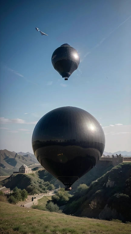 there is a large black object flying over a greatwall, floating metallic objects, airship, floating objects, anish kapoor black, rising in the air levitatingh, levitating agricultural sphere, blimp, hot air refraction, inspired by David Roberts, inspired by Anton Solomoukha, objects levitating, giant airships in the sky, of a ufo propulsion system