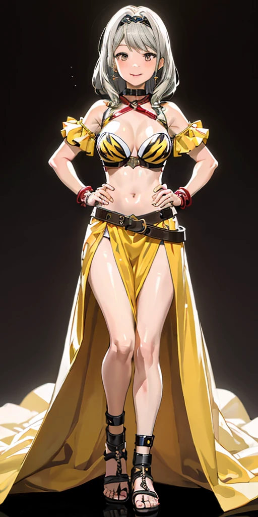 ((BLACK BACKGROUND 1:2, masterpiece)) 1solo female full body MILF BIMBO standing straight symmetrical with two long thighs and two metal sandals, red eyes like rubies, eye focus looking to the viewer, silver white hair, short bob style hair, big knockers breastplate, breastplate, cleavage, tiara royal, long cape up to two feet, yellow bikini (yellow tiger stripes), lustful smirking smiling, smile face (red blushed, red cheeks), pauldrons metal shoulders, gold sleeveless bracelets, separate sleeves, hands on waist hands OR hips, golden bracers, metal handcuffs, leather corset, red loincloth, black leather choker slave collar, shackles bracelets, slave red crest under navel, navel, big belt around waist OR hips, feet together, metal ankle, two long thighs and two metal sandals (Mizuno Akane)(GYARU)(DARK SKIN)
