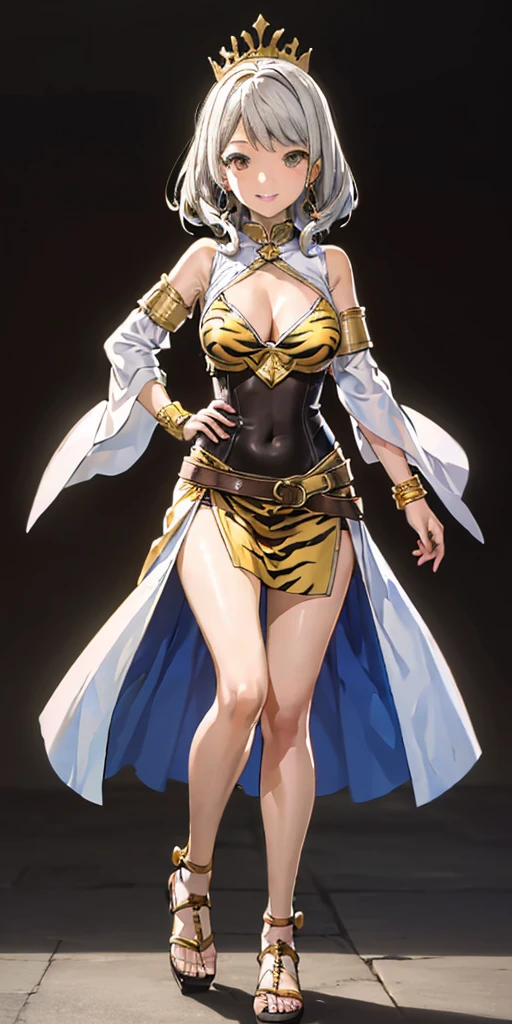 ((BLACK BACKGROUND 1:2, masterpiece)) 1solo female full body MILF BIMBO standing straight symmetrical with two long thighs and two metal sandals, red eyes like rubies, eye focus looking to the viewer, silver white hair, short bob style hair, big knockers breastplate, breastplate, cleavage, tiara royal, long cape up to two feet, yellow bikini (yellow tiger stripes), lustful smirking smiling, smile face (red blushed, red cheeks), pauldrons metal shoulders, gold sleeveless bracelets, separate sleeves, hands on waist hands OR hips, golden bracers, metal handcuffs, leather corset, red loincloth, black leather choker slave collar, shackles bracelets, slave red crest under navel, navel, big belt around waist OR hips, feet together, metal ankle, two long thighs and two metal sandals (Mizuno Akane)(GYARU)(DARK SKIN)