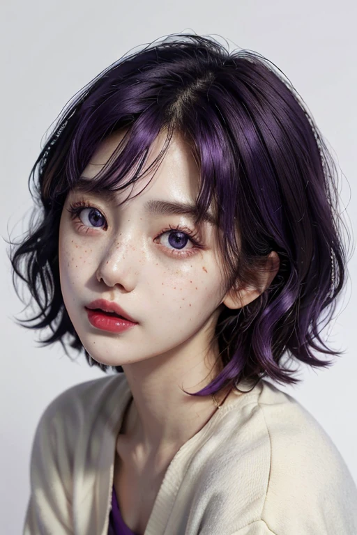 1 girl, south korean, masterpiece, perfect face, freckles under eyes, short whavy hair, purple hair, shining purple eyes, purple eyeliners, red lips, white top, white background, closeup,