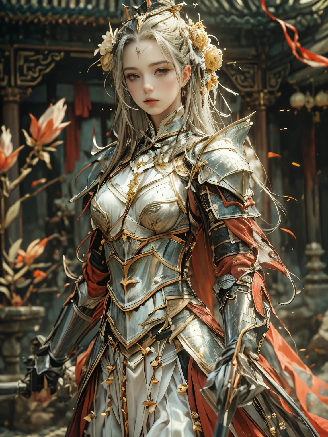 (8K, highest quality, masterpiece),(Realistic, RAW Photos, Super Fine Clear), Realistic Light, Detailed skin, Beautiful woman, ((25-year-old female, knight:1.5)), Thin legs, fine grain, white long hair, Detailed fingers, thin, Sexual, Ecstasy facial expression, Super big , boucing firm bust, The chest part of the armor is wide open, Chest exposed, (deep scarlet armor), (peach, peach園, Flower storm), lakeside palace