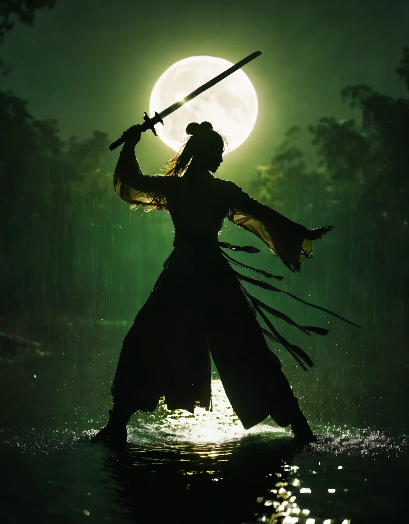 (Heroine dancing sword silhouette:1.5),Anatomically correct，Glowing sword,(moving posture),Hold the hilt of a sword in your hand，1sword，solo，on the lake，high contrast, movie lighting, Enigmatic Atmosphere,， corrugation，(Splashing water;1.4)，a moon，Motion Blur，swordsman，Kungfu，Black silhouette，Glowing jade blade，