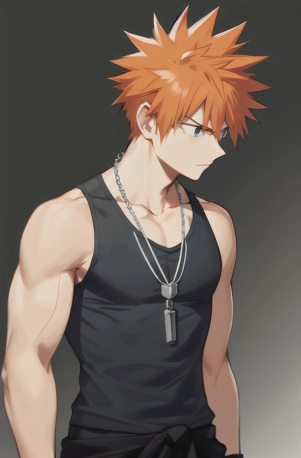 Horikoshi Kouhei, 1boy, bare shoulders, black tank top, orange hair, blurred background, highres, looking away, male focus, muscular, muscular male, blue eyes, short hair, spiked hair, tank top, military chain dogtags on the neck and Sword inside the sheath at the waist