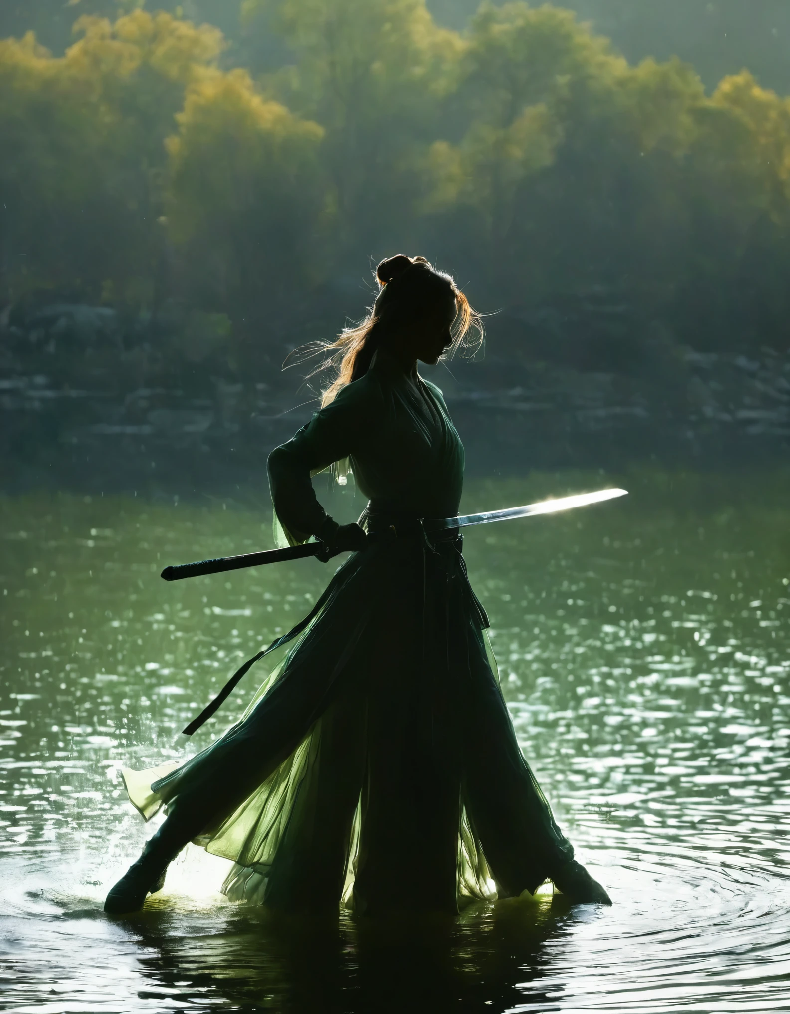(Heroine dancing sword silhouette:1.5),Anatomically correct,Glowing sword,(moving posture),Hold the hilt of a sword in your hand,1sword,solo,on the lake,high contrast, movie lighting, Enigmatic Atmosphere,, corrugation,(Splashing water;1.4),a moon,Motion Blur,swordsman,Kungfu,Black silhouette,Glowing jade blade,