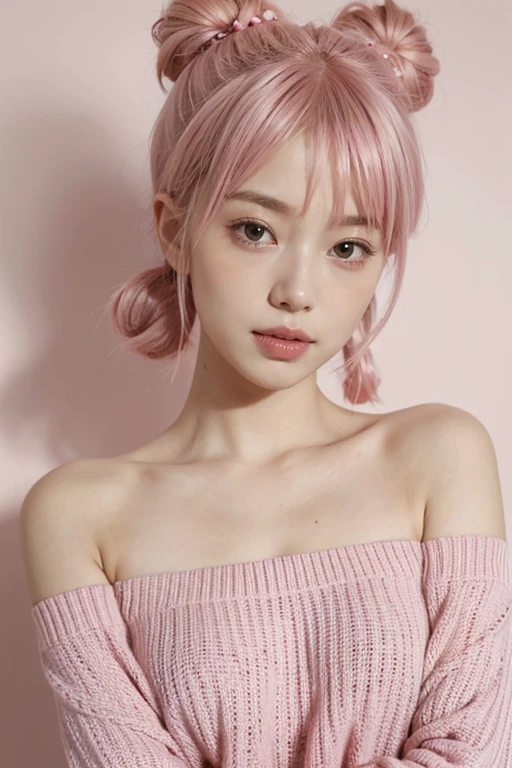 (masterpiece, best quality, 8k, RAW photo, beautiful and aesthetic:1.2),complex detail,ultra-detailed,(realistic skin), (((full body is in the frame))),Close-up of a person with pink hair and a pink sweater, 短いPink Hairpretty girl, Short hair, pretty girl, Cute Hairstyles, Pink pigtails and cyan eyes, Cute Hairstyles, (Pink), Pink Hair, Ulzzang, Girl cute beautiful face, Pink Straight Hair, Chiho, Pink Pastel、laughing、peace sign