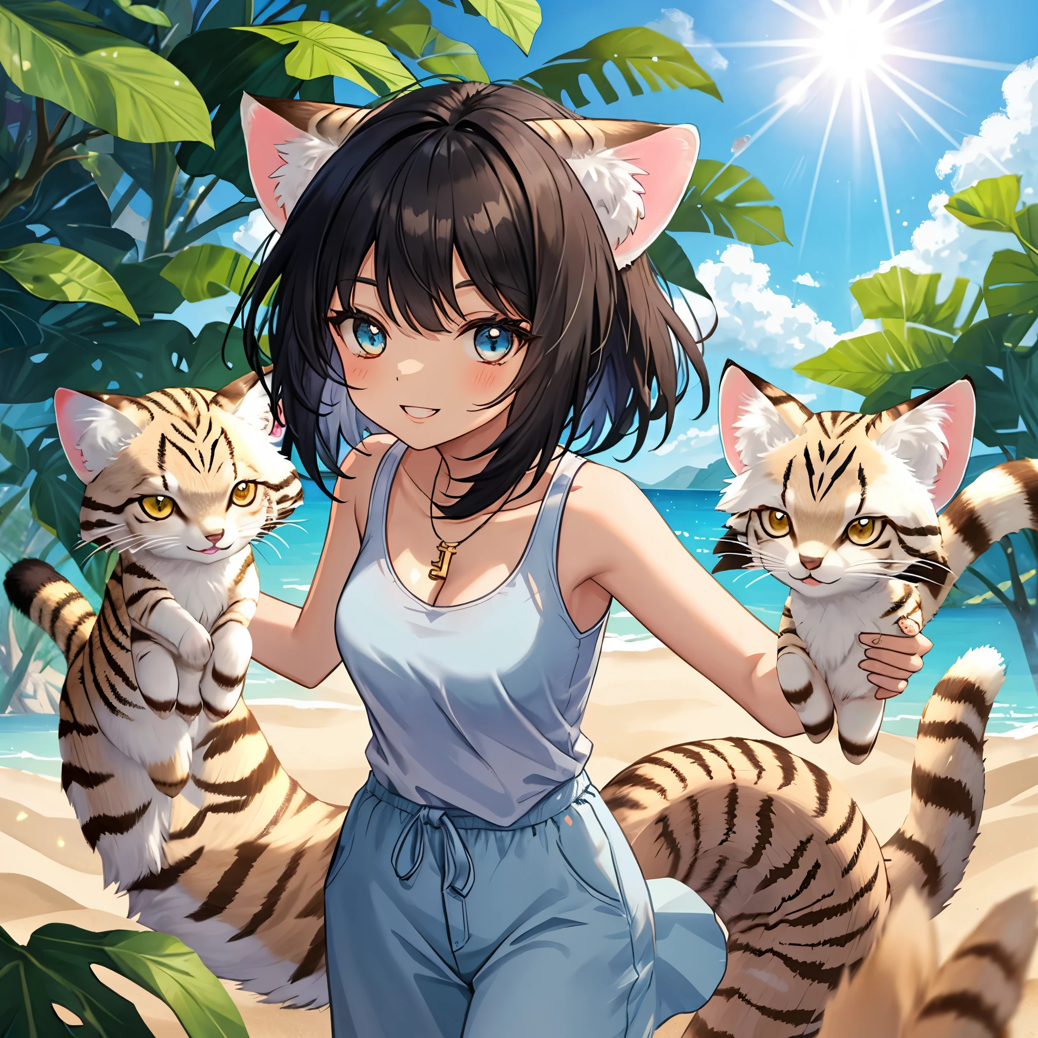 Title: 10-year-old Sand Cat Beastkin Girl
Tags: Standing pose, Cute, Cute eyes, Fine hair, Anime, Highlighted hair, **Brown skin**, Sunlight, Beautiful hair, Upward, Smile, White teeth, Tank top, Blue ribbon, Gentle smiling expression, Female, Black hair, Blue eyes, Facing front, **Sand cat ears and tail**
BRAKE
Description: This illustration depicts a 10-year-old sand cat beastkin girl. She is in a standing pose, facing the front. Her appearance is as cute as an anime character. Her large blue eyes express purity and curiosity. Her fine black hair reflects sunlight, creating highlights, and her beautiful hair is a feature.
BRAKE
Her **brown skin** symbolizes her vitality and beauty. She always has an upward smile, her white teeth shine, and she has a gentle smiling expression. She is wearing a tank top with a blue ribbon, and she has feminine curves. Her **sand cat ears and tail** are prominent features, adding to her unique charm. She is a beastkin, possessing the ears and tail of a sand cat, which are key aspects of her character.