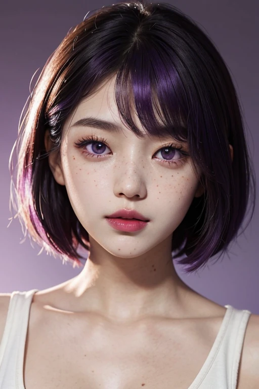 1 girl, south korean, masterpiece, perfect face, freckles under eyes, short whavy hair, purple hair, shining purple eyes, purple eyeliners, red lips, natural makeup, white top, minimalistic background, sundown, closeup.