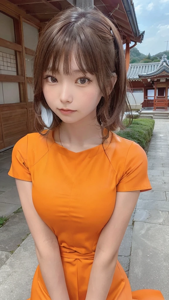 (8k, RAW Photo, Best Quality, Masterpiece: 1.3), breakone girl, (a beauty girl, delicate girl:1.3), (21 years old:1.5), break, (Orange short sleeve dress:1.5), break, Extremely fine grain definition, (Symmetrical eyes:1.3), break, Small breasts, Brown eyes, Parted bangs, Brown Hair, girl, break, (Eye and facial details:1.3),break,smile,With Hasedera Temple in the background,With Hasedera Temple in the background,With Hasedera Temple in the background,With Hasedera Temple in the background