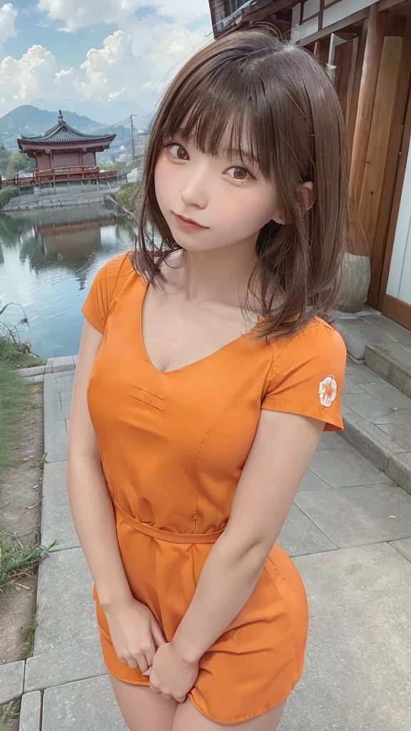 (8k, RAW Photo, Best Quality, Masterpiece: 1.3), breakone girl, (a beauty girl, delicate girl:1.3), (21 years old:1.5), break, (Orange short sleeve dress:1.5), break, Extremely fine grain definition, (Symmetrical eyes:1.3), break, Small breasts, Brown eyes, Parted bangs, Brown Hair, girl, break, (Eye and facial details:1.3),break,smile,With Hasedera Temple in the background,With Hasedera Temple in the background,With Hasedera Temple in the background,With Hasedera Temple in the background
