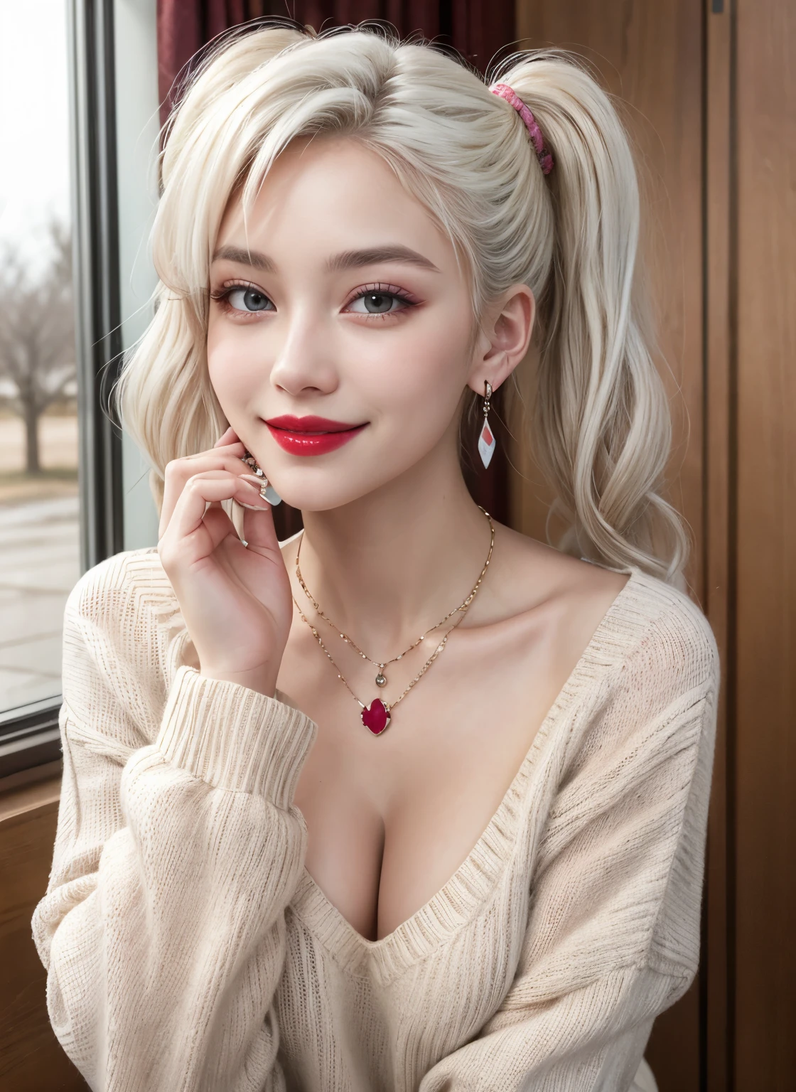 woman, masterpiece, white hair, best quality, indoors,shy, grin, messy twintails, makeup, dynamic pose, blush, black shirt, open white sweater, blush, earrings, ruby necklace, breasts, lipstick