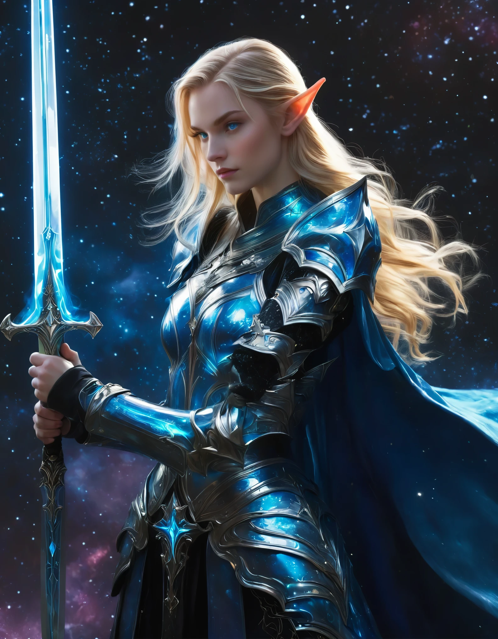 1beautiful girl,  solo，female swordmatomically correct，Blonde hair and blue eyes，Long hair，Elf ears，Star Armor，Transparent armor，side view，Hold the hilt of a sword in your hand，The blade glows，(body formed by galactic liquid mauevine and black metallic paint twisting into a beautiful interpretation of the female ), front view, fullbody， ((Best quality)), ((Masterpiece)), ((Realistic))，UHD，Galaxy background